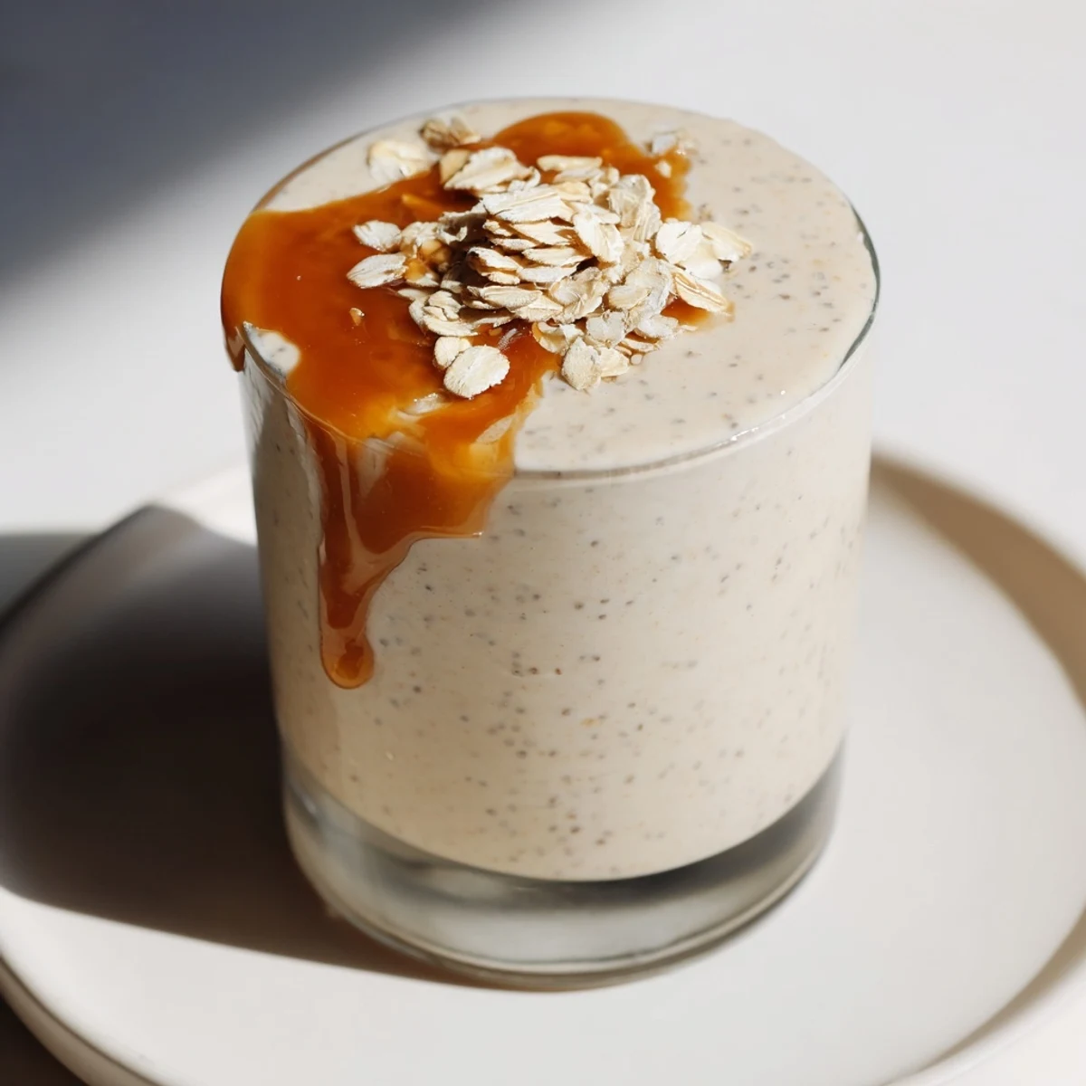 Creamy Wholesome Maple Smoothie, blended smooth with banana and oats, ready to drink.