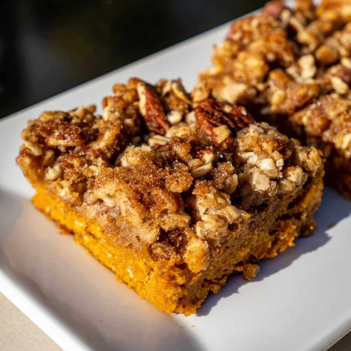 Golden, baked Crisp Pumpkin Bars with a perfect oat-pecan topping, ready for a fall dessert.