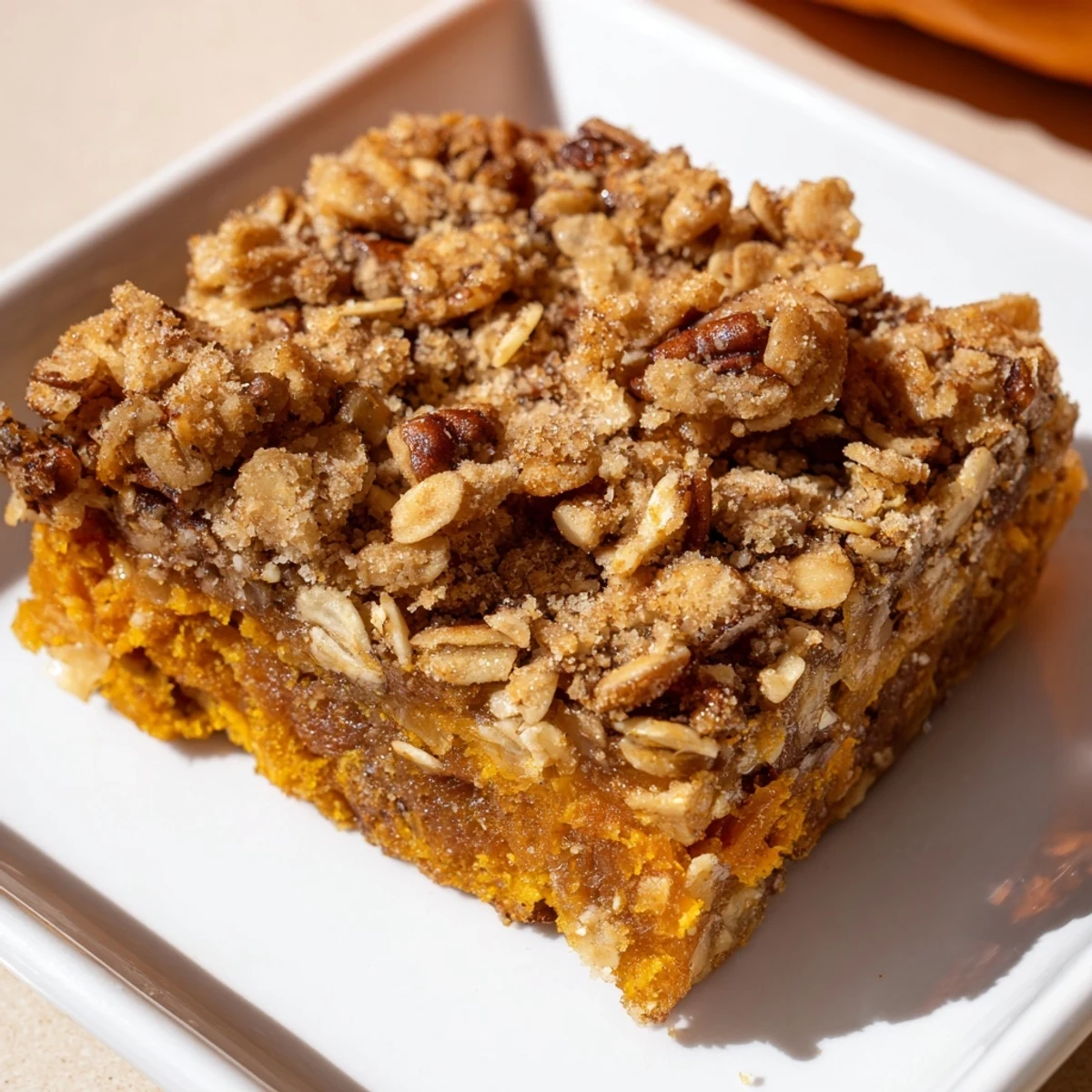 A close-up of delicious Crisp Pumpkin Bars, showcasing the moist pumpkin base beneath a crisp surface.