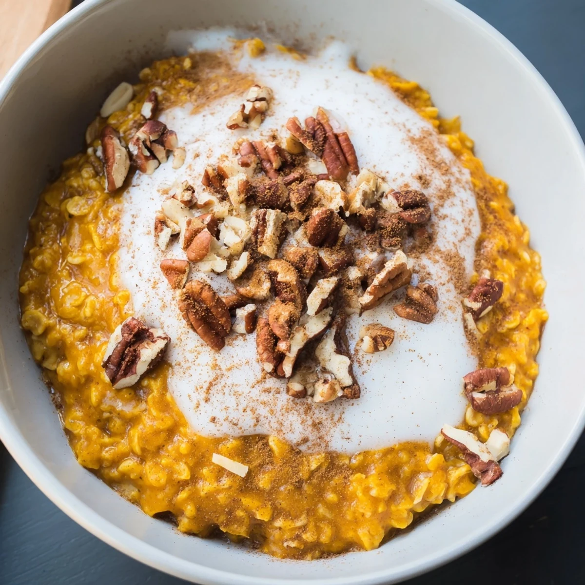Creamy Frosted Pumpkin Porridge, topped with yogurt frosting and sprinkled with cinnamon and nuts.