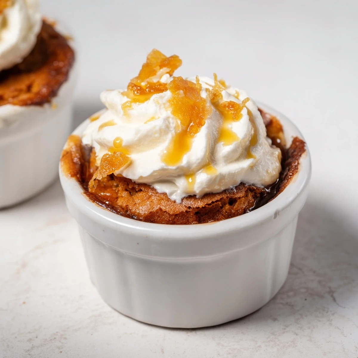Golden-brown Warm Ginger Treat, steaming and topped with whipped cream and chopped candied ginger.