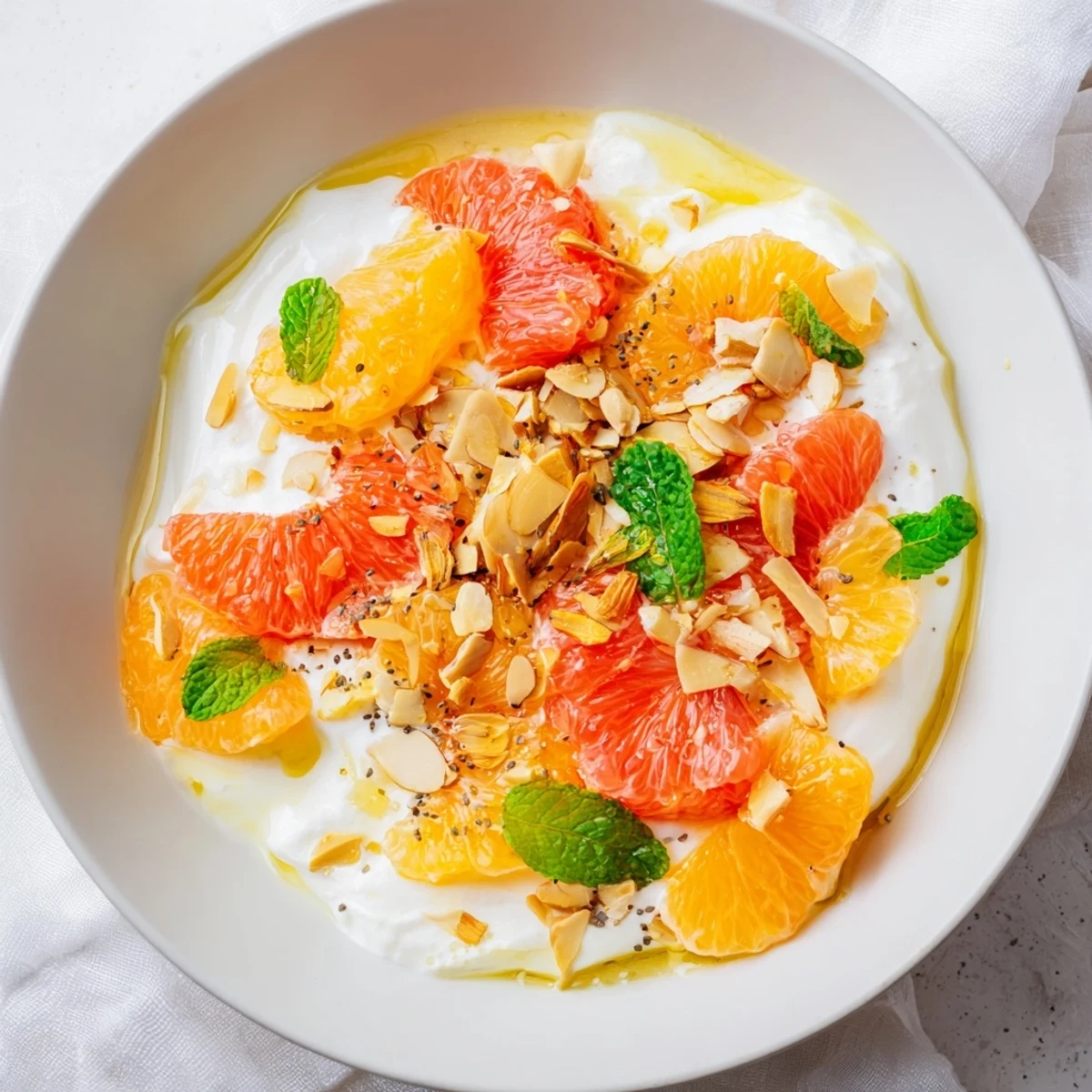A colorful Cozy Citrus Bowl is layered with vibrant fruits, Greek yogurt, and crunchy toasted almonds.