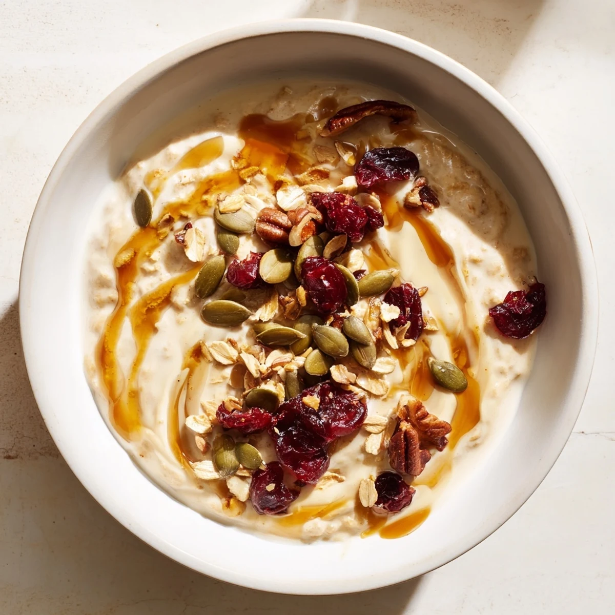 Creamy Wholesome Pumpkin Porridge topped with toasted pumpkin seeds and drizzled maple syrup, ready to enjoy.