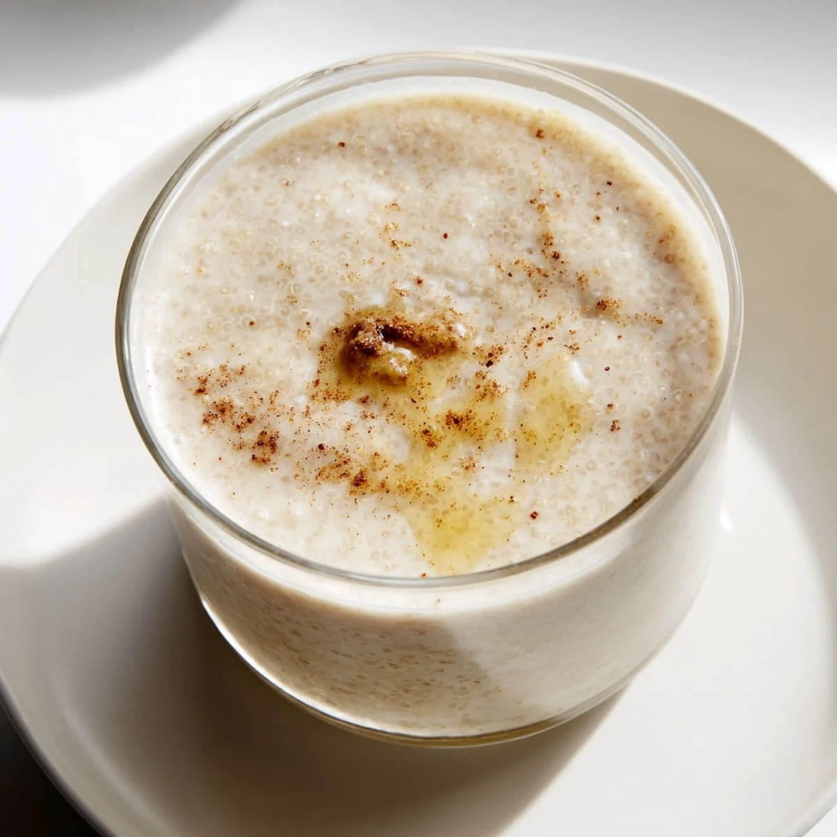 A vibrant close-up of a Cozy Quinoa Smoothie, blended until smooth and thick for a snack.