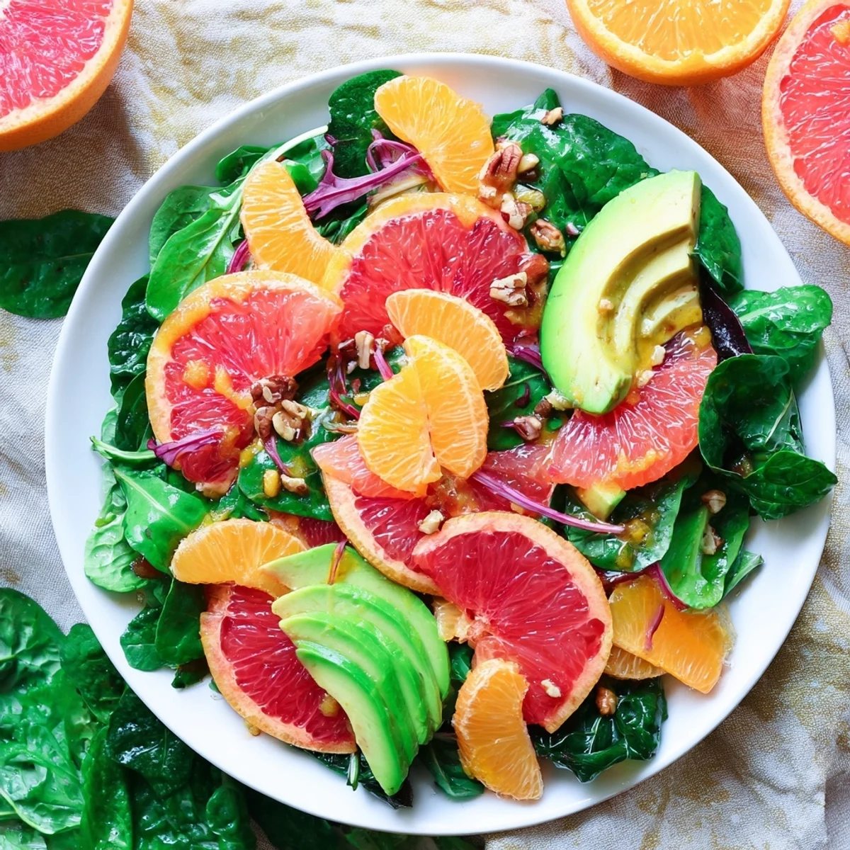 Cozy Citrus Salad with bright oranges, grapefruit, and creamy avocado, ready to serve and enjoy.