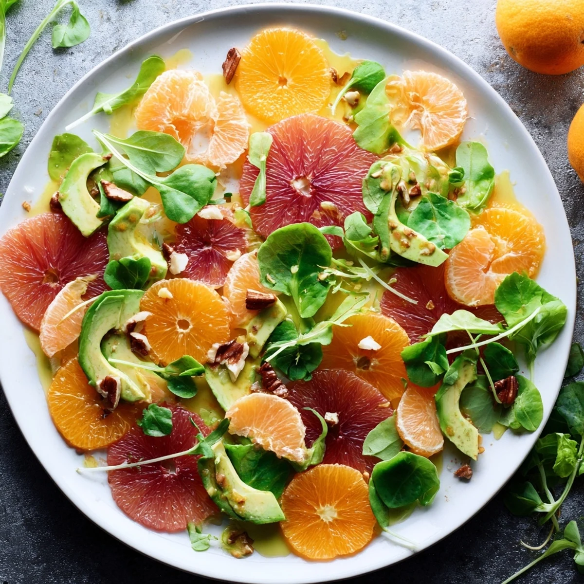 Vibrant Cozy Citrus Salad piled high with colorful segments and greens, perfect for a light lunch.