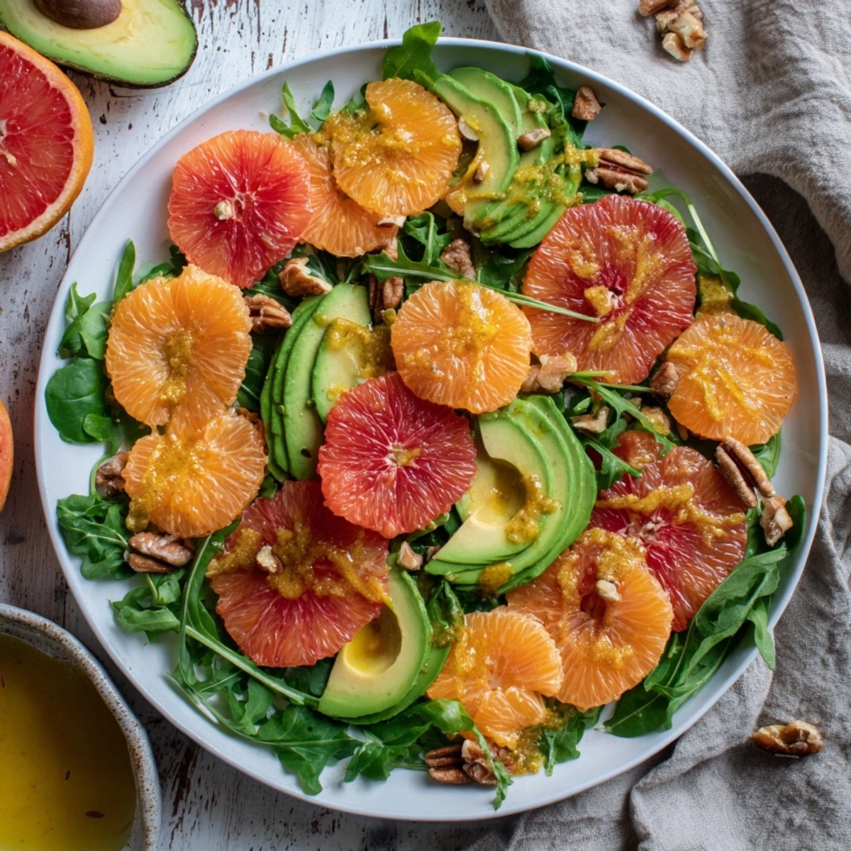A beautiful view of the fresh Cozy Citrus Salad with toasted pecans and tangy vinaigrette dressing.