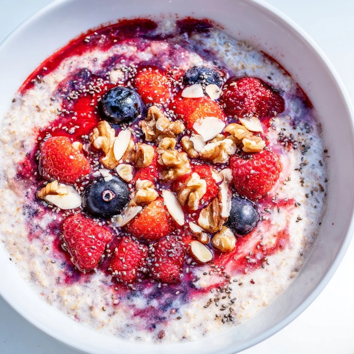 Bright Berry Porridge, a vibrant bowl of creamy oats speckled with juicy, ripe berries.