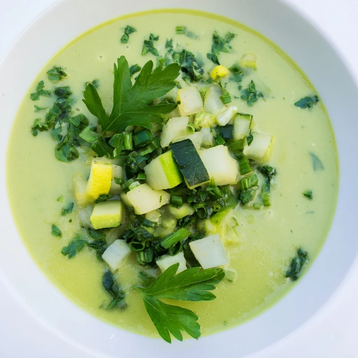 Steaming vegan green soup in a bowl, showcasing fresh herbs and a creamy texture for a healthy meal.