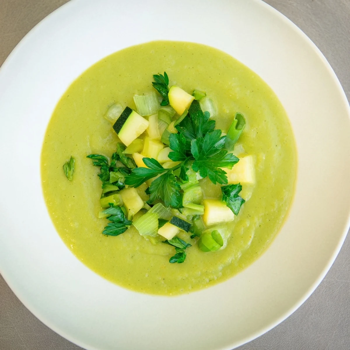 A close-up of vibrant vegan green soup, highlighting the blended vegetables and finishing with parsley garnish.