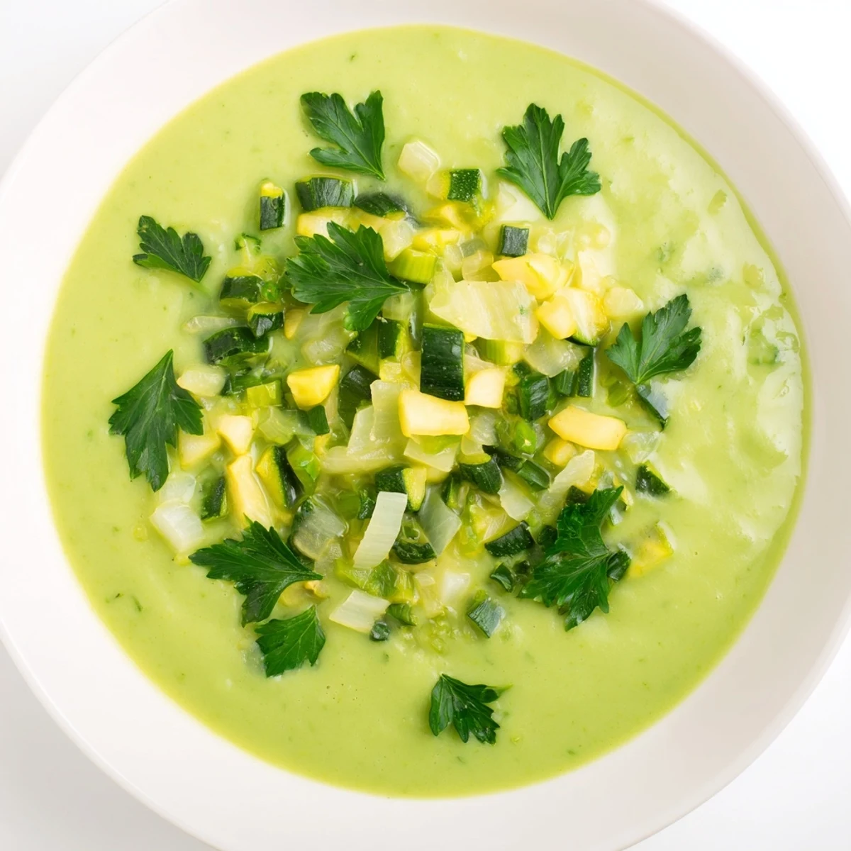 Hearty vegan green soup with a vibrant green hue, ideal for a light dinner accompanied by crusty bread.