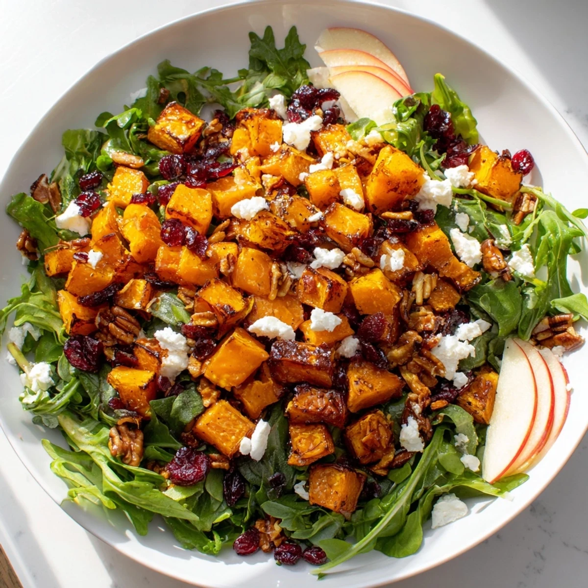 Close-up of vibrant New Year Maple Salad; greens, squash, and maple dressing are beautifully arranged.