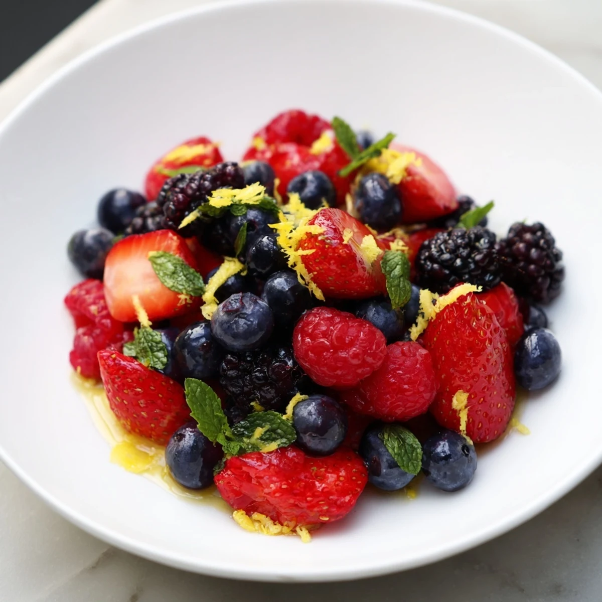 Close-up of a brightly colored Festive Berry Bowl, perfect for a celebratory, healthy treat with fresh mint.