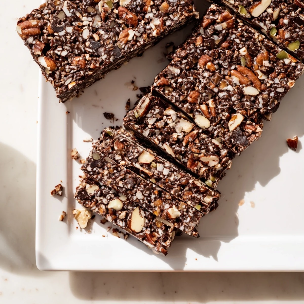 Delectable Fresh Cacao Bars, featuring a rich, dark color and studded with crunchy cacao nibs.