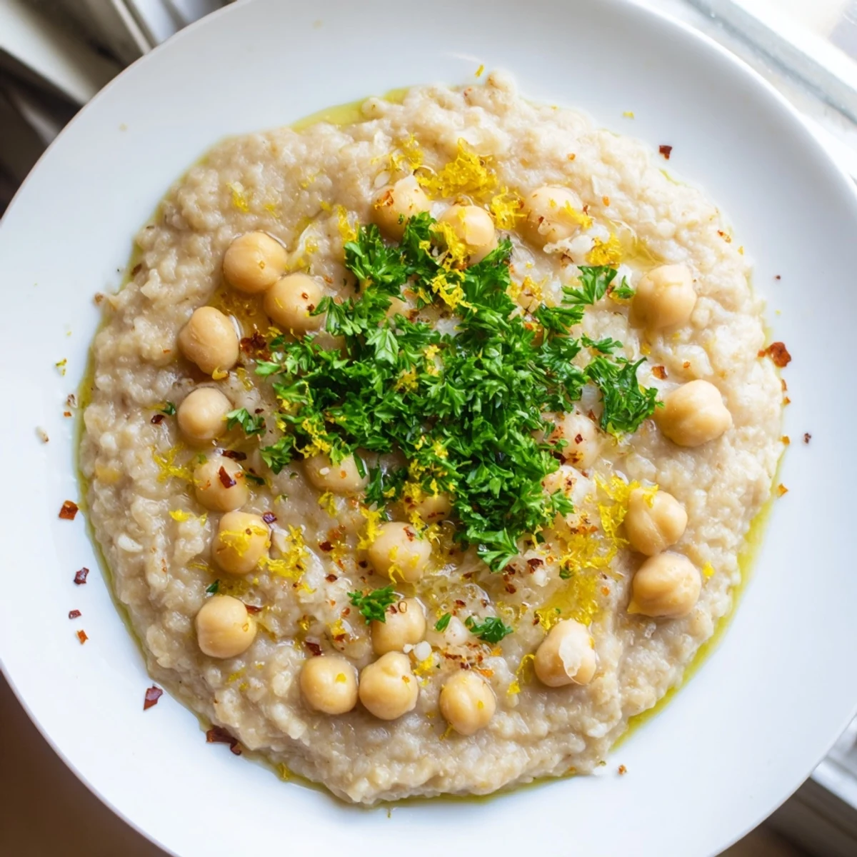 A warm bowl of bright chickpea porridge, perfect for a cozy, healthy breakfast each morning.