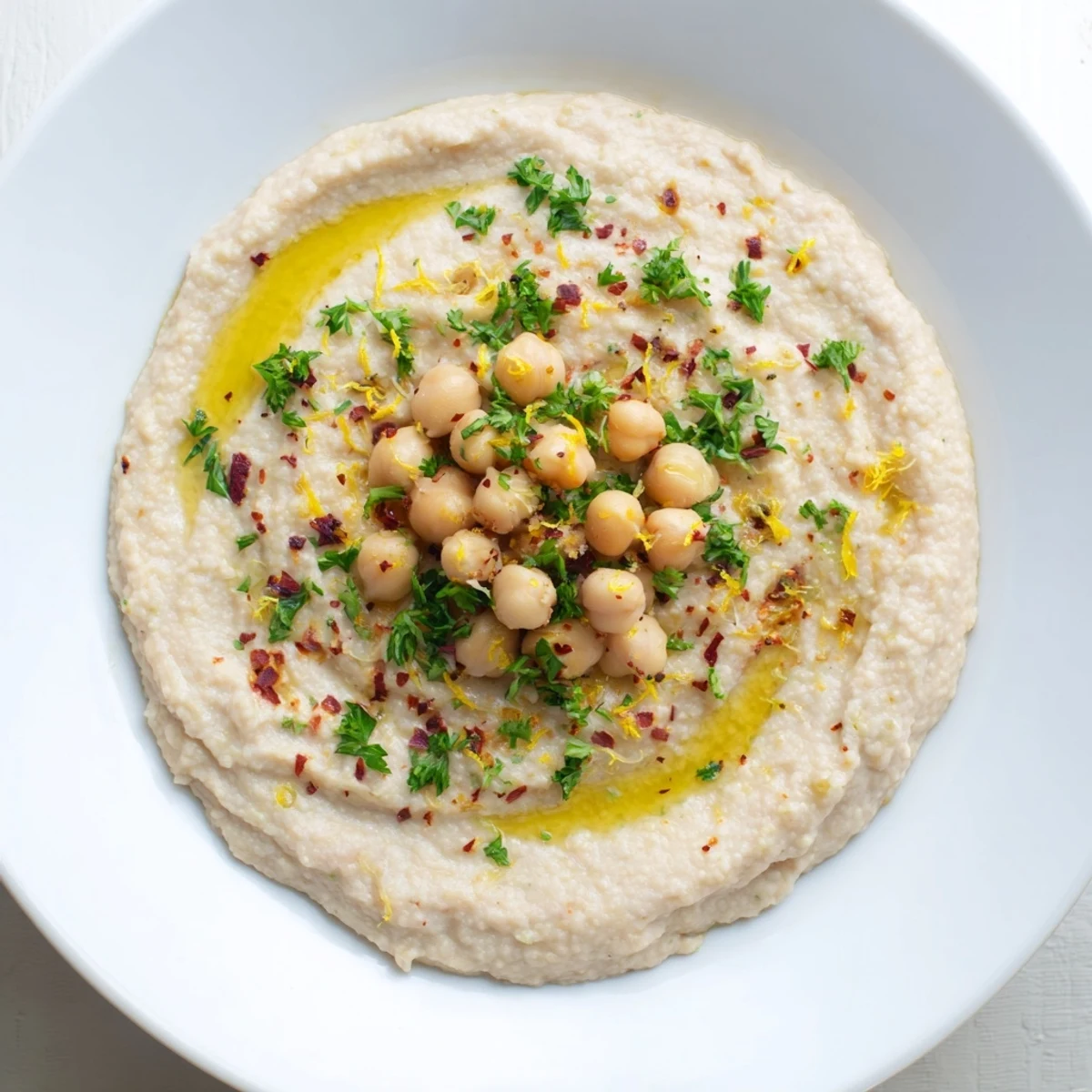 Creamy bright chickpea porridge with fresh parsley, lemon, and a drizzle of olive oil.