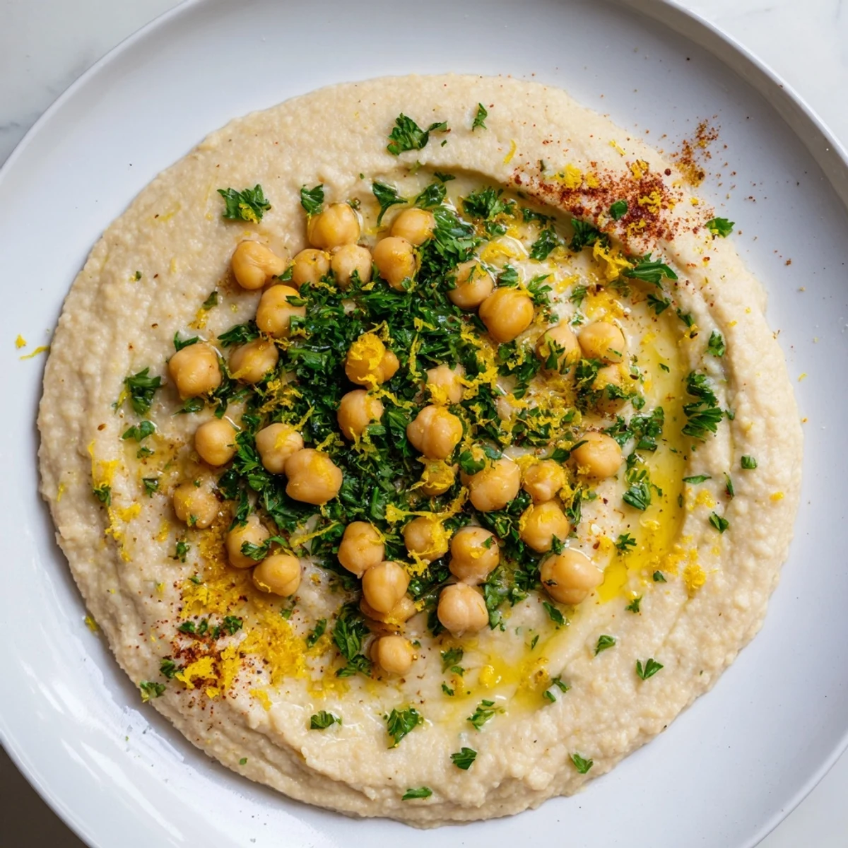Enjoy this vibrant bright chickpea porridge, garnished with herbs and ready to serve warm.