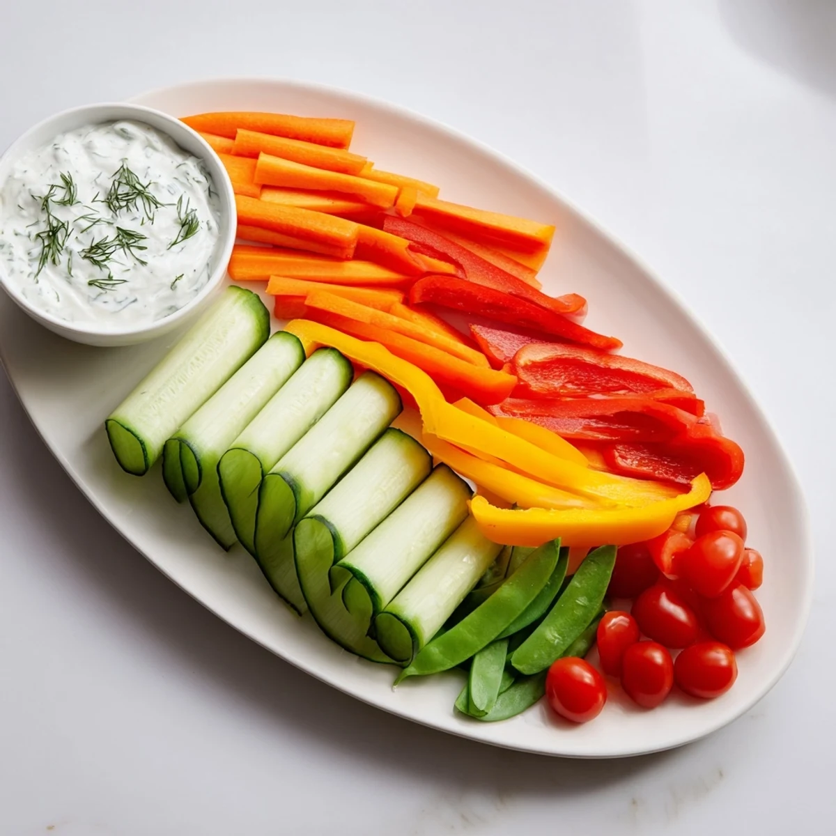 Elegant Veggie Platter: Discover a colorful fan of fresh cucumbers, carrots, and dips, ready to serve.