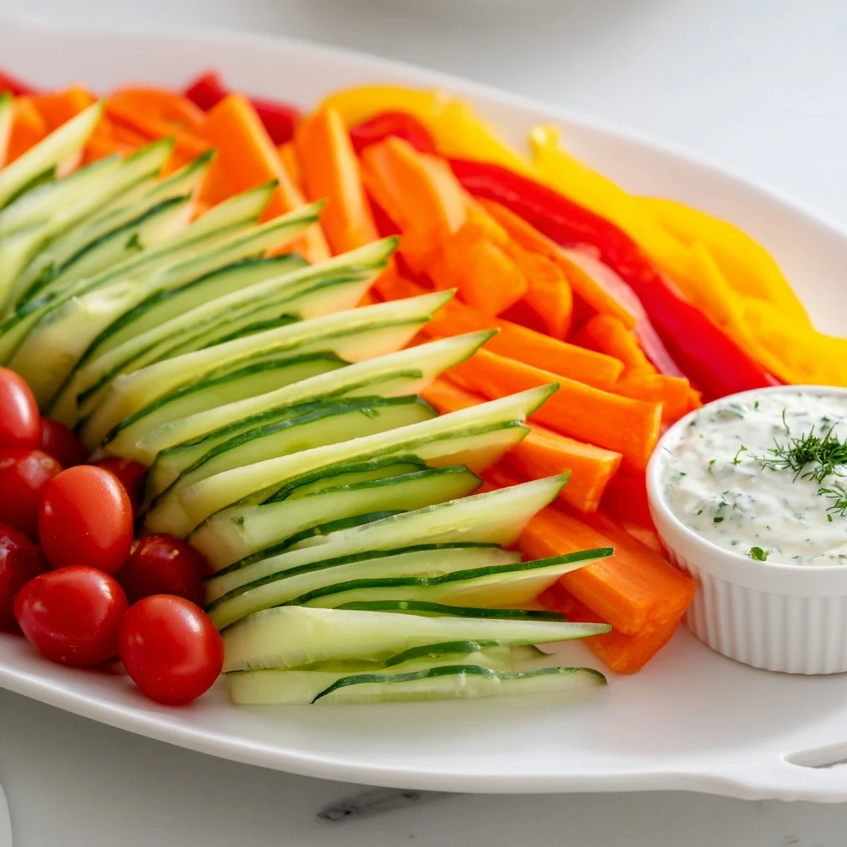 Brightly arranged Veggie Platter featuring fresh cucumbers and carrots with a cool, creamy herb dip, perfect for parties.