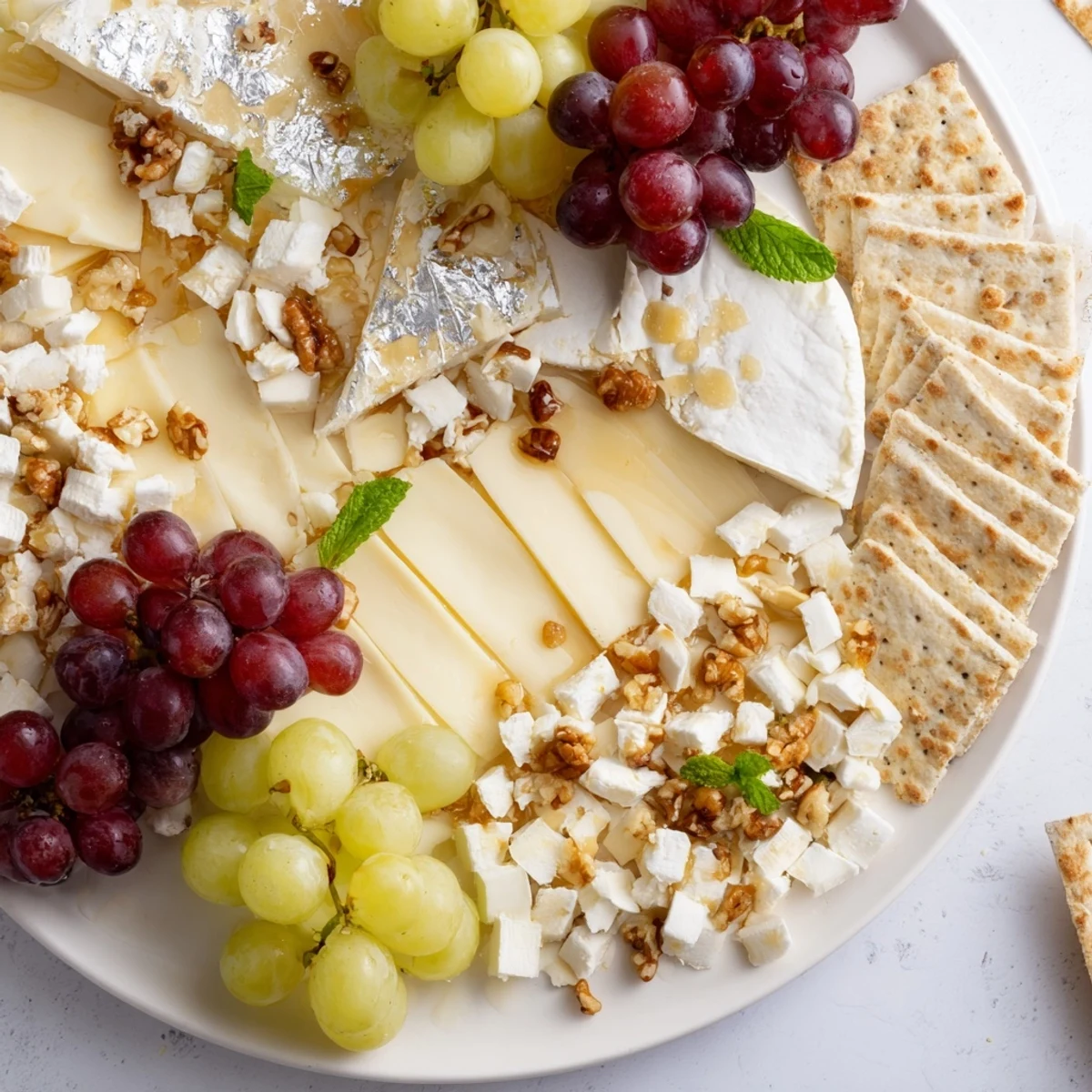 Beautiful platter of Sparkling Grape and Silver Crackers with grapes, brie, and goat cheese, ready to serve.