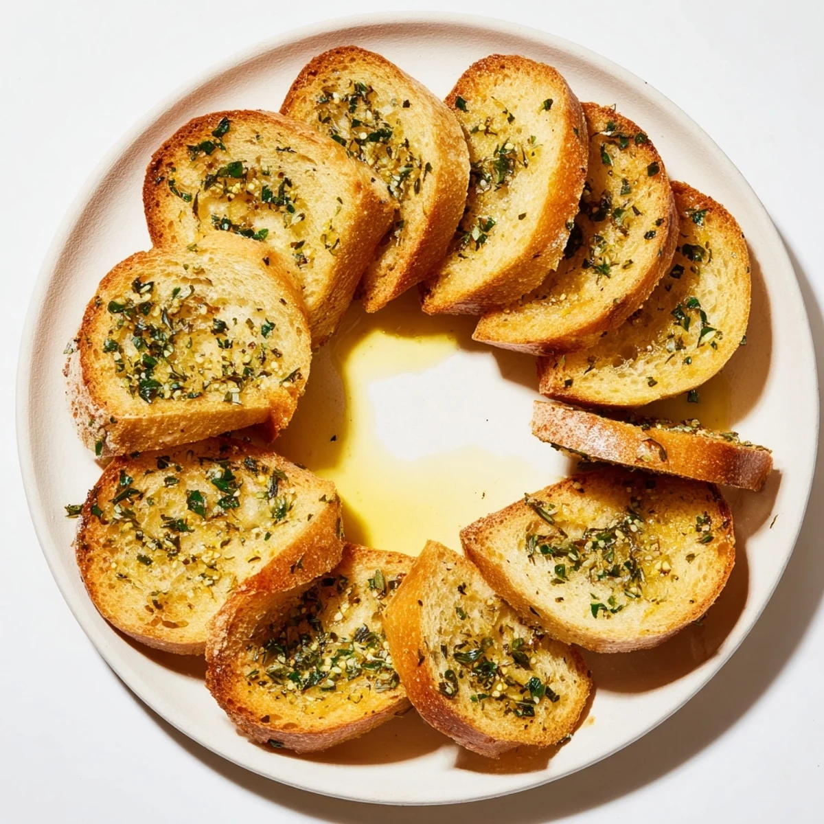 Golden, crispy simple baguette slices arranged in a welcoming circle, ideal for dipping and appetizers.