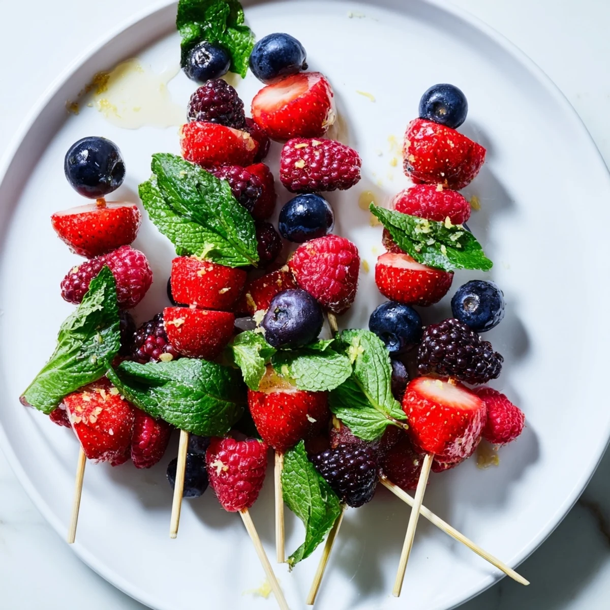 Vibrant fruit skewers showcase juicy berries and refreshing mint, a perfect healthy snack.