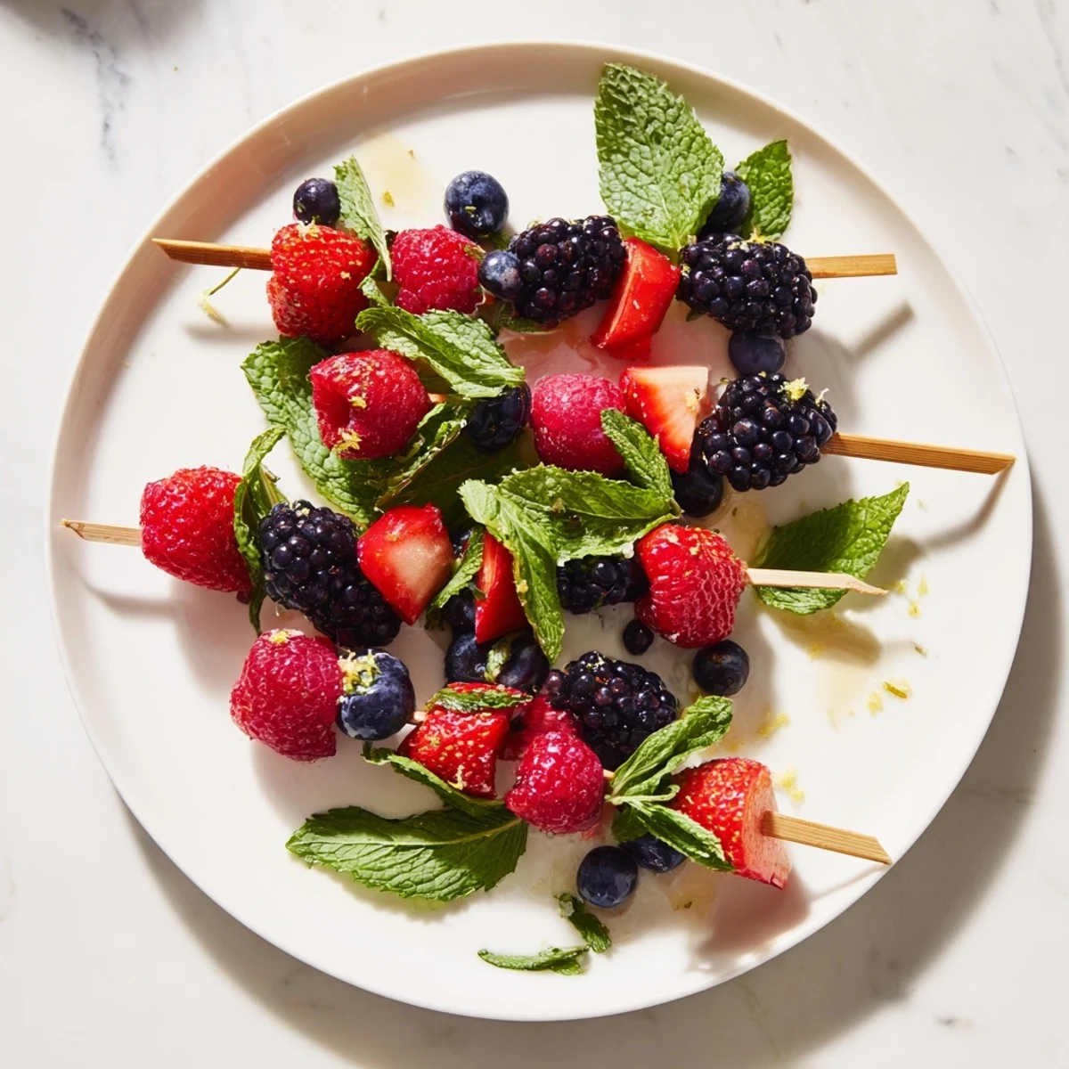 Fresh berry and mint fruit skewers are ready to eat, a colorful and easy summer dessert.