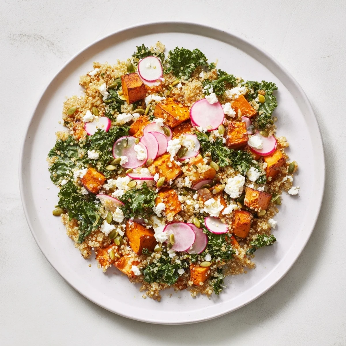 Steaming warm Quinoa Salad, garnished with fresh herbs and ready to serve immediately.