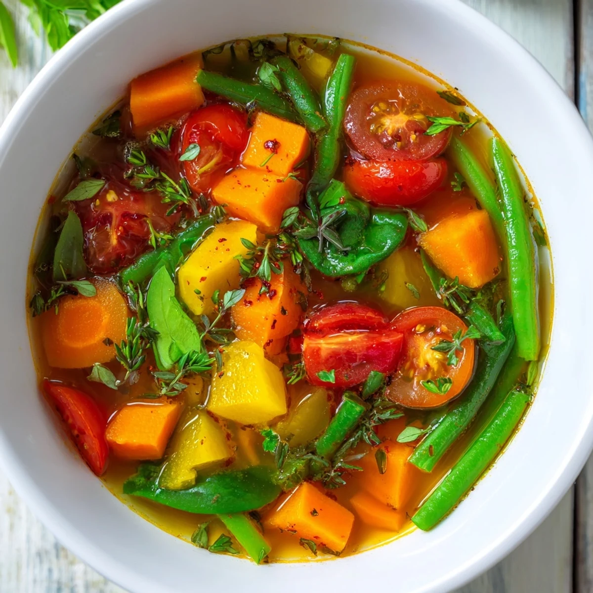 Steaming bowl of Festive Veggie Soup, brimming with colorful vegetables and garnished with fresh parsley.