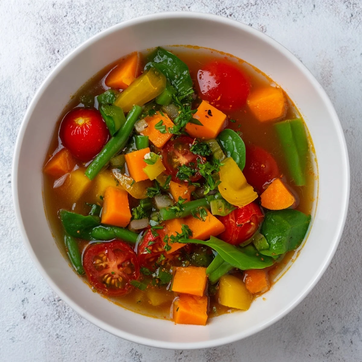 A close-up of the flavorful Festive Veggie Soup, a vegetarian and gluten-free holiday meal.