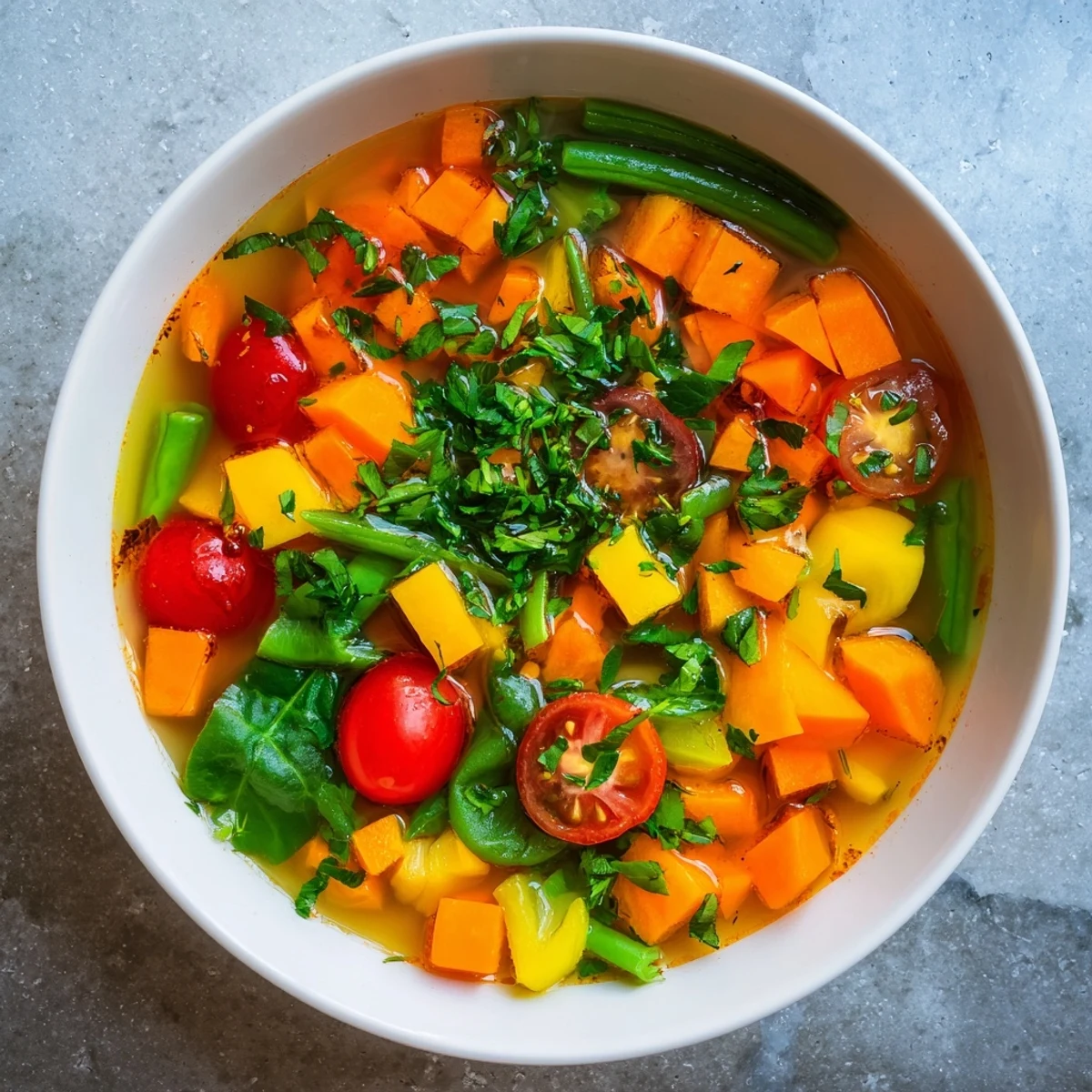 Hearty and comforting Festive Veggie Soup, perfectly seasoned, served with a side of crusty bread.