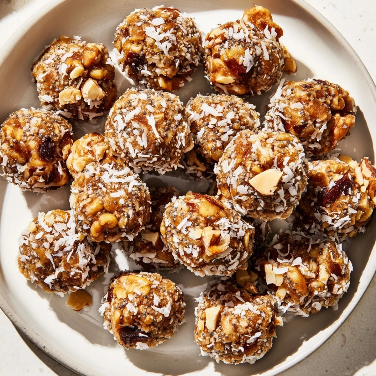 Round, golden Vegan Pear Bites, ready to eat, are presented on a white plate with coconut.