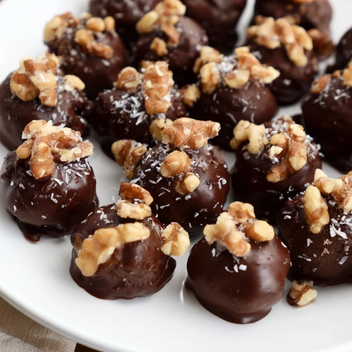 Beautiful close-up of Fresh Pear Clusters glistening with a chocolate shell and nut garnish.