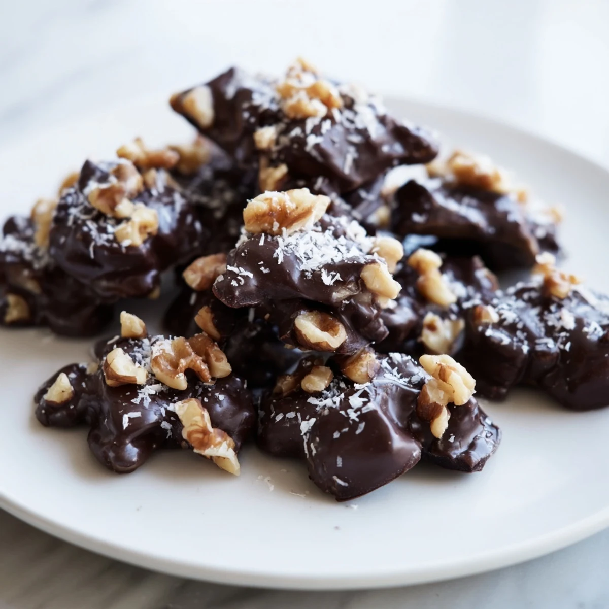 Fresh Pear Clusters coated in rich dark chocolate, topped with chopped nuts, ready to eat.