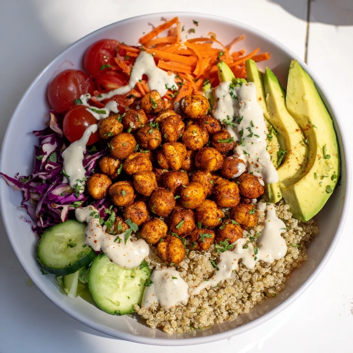 Golden, crispy roasted chickpeas atop a vibrant Wholesome Chickpea Bowl, ready to be enjoyed.