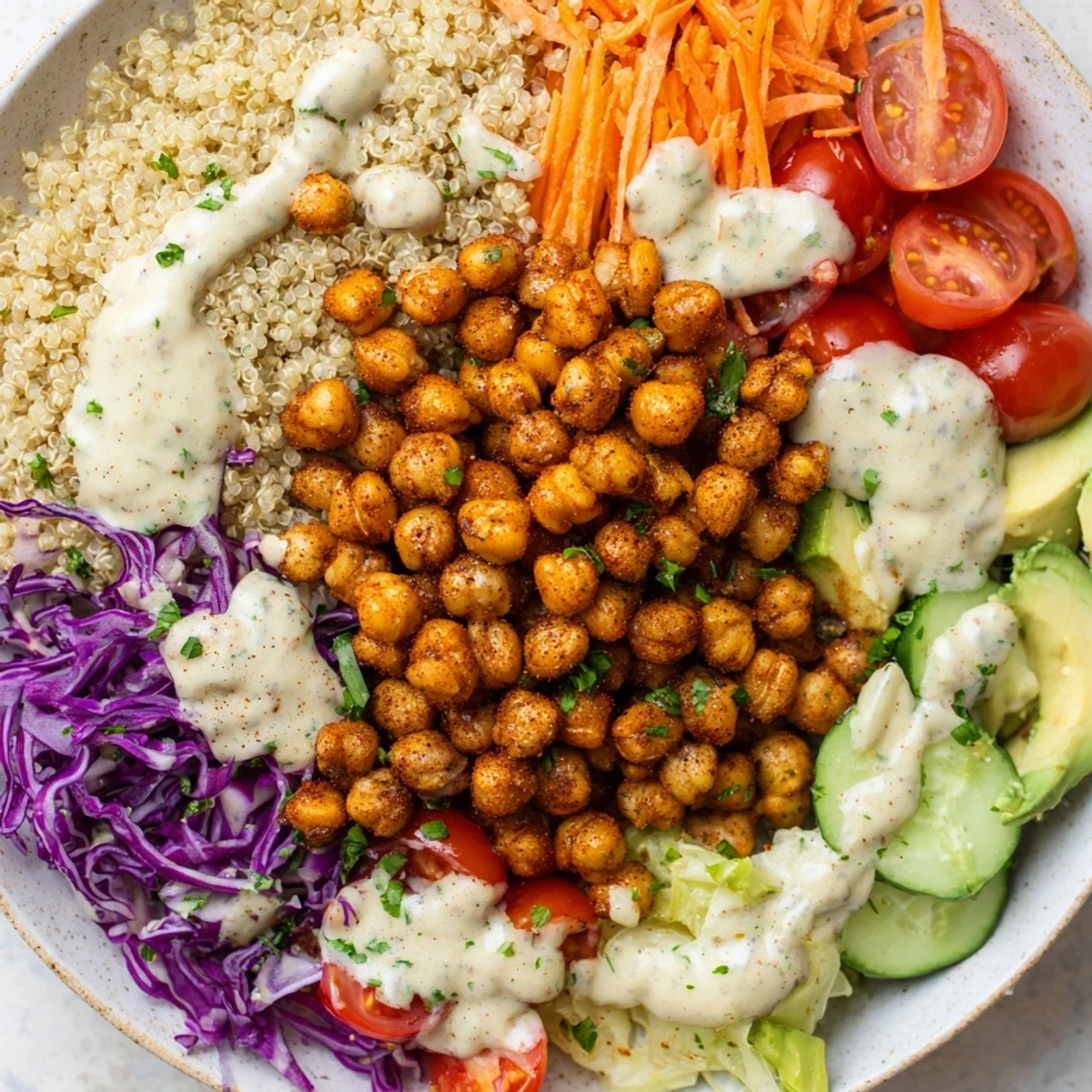 A hearty serving of Wholesome Chickpea Bowl, featuring colorful veggies and creamy tahini dressing.