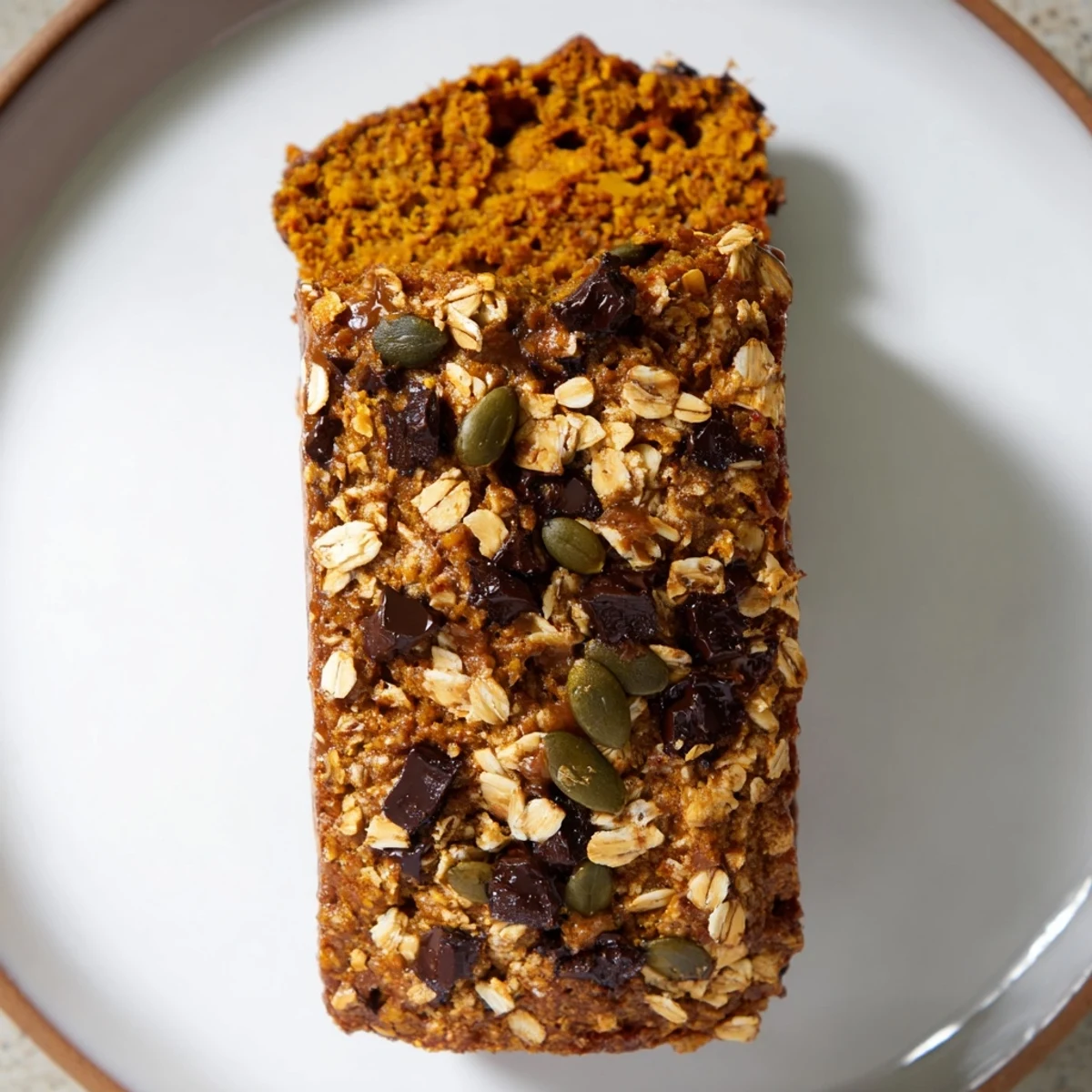 Warm and cozy, a slice of wholesome pumpkin treat with nutty, chocolate chips visible.