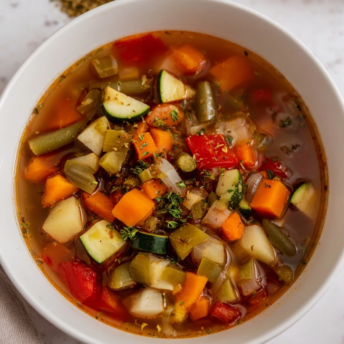 The hearty Cozy Veggie Soup features a colorful assortment of cooked tender vegetables in flavorful broth.