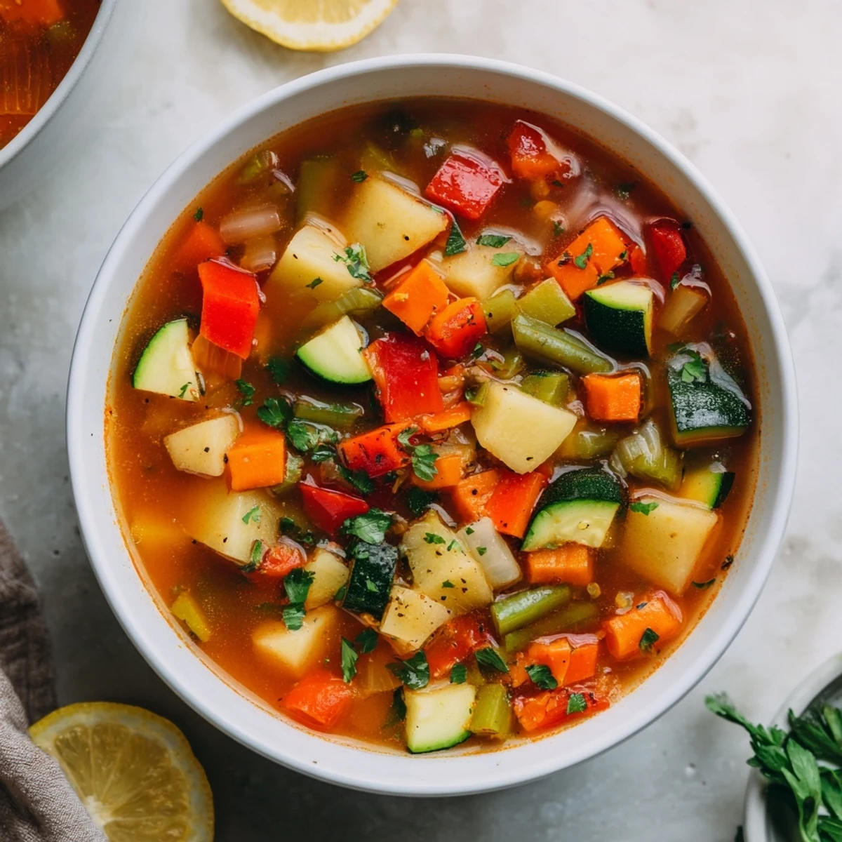 Cozy Veggie Soup: A steaming bowl filled with vibrant vegetables, perfect for a warming meal.