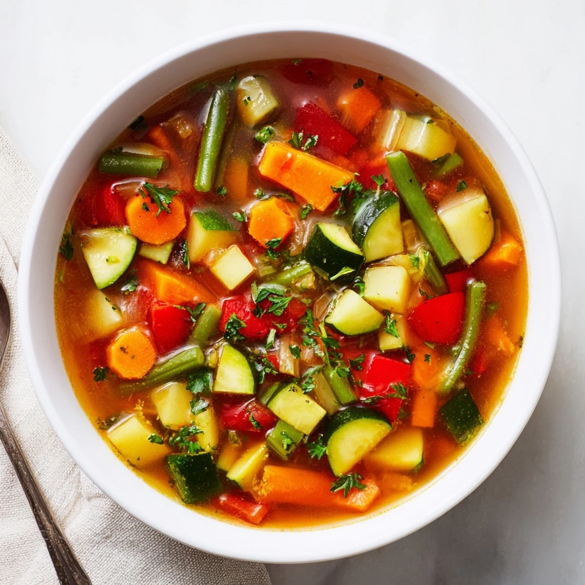 Enjoy a delicious bowl of Cozy Veggie Soup, perfect for a cool evening, served with fresh parsley garnish.