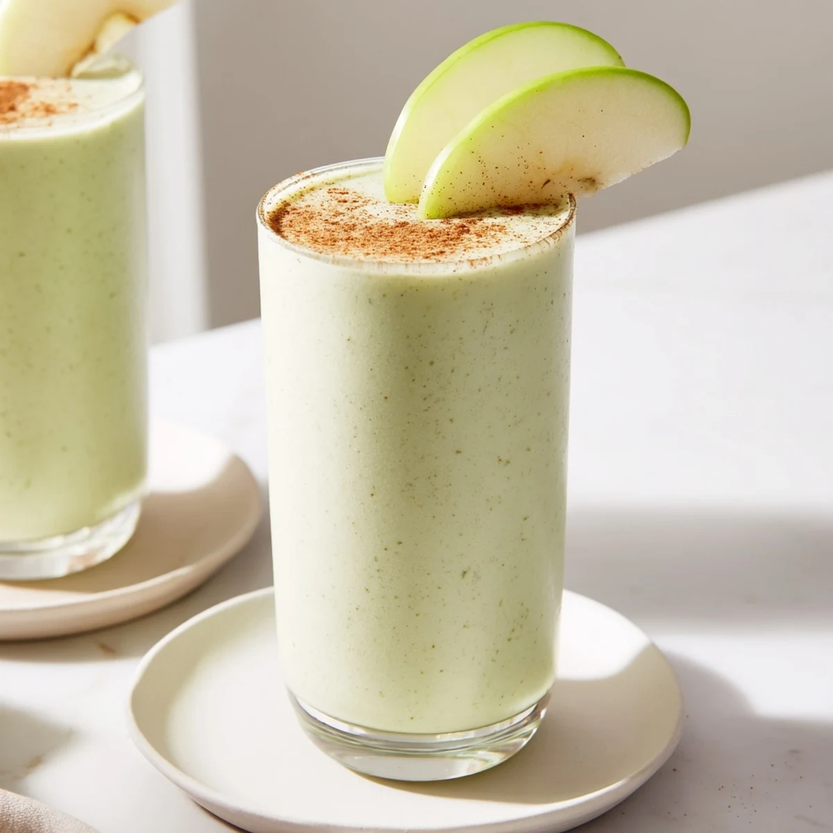 A creamy Crisp Apple Smoothie, showing the pale green hue of blended apples and yogurt, ready to sip.