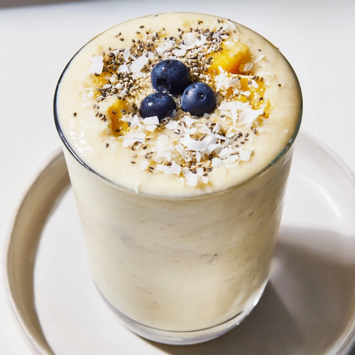 Frosted Quinoa Smoothie, a vibrant blend, looks creamy with juicy berries sprinkled on top.