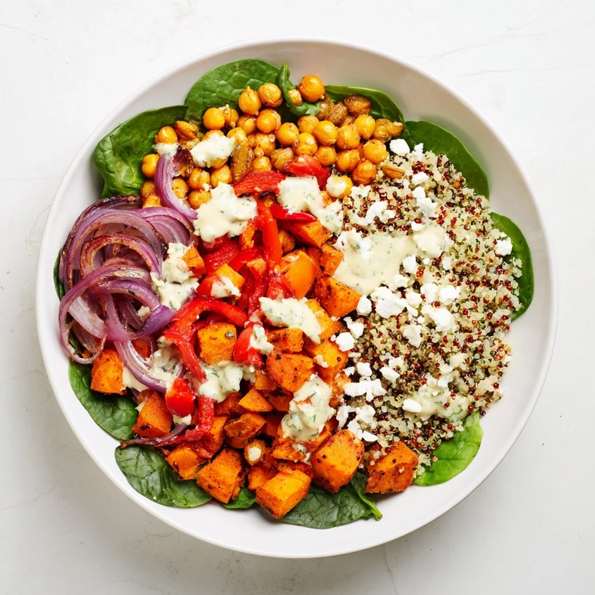 Fresh, vibrant seasonal spinach bowl with roasted vegetables, nutty grains, and creamy dressing.