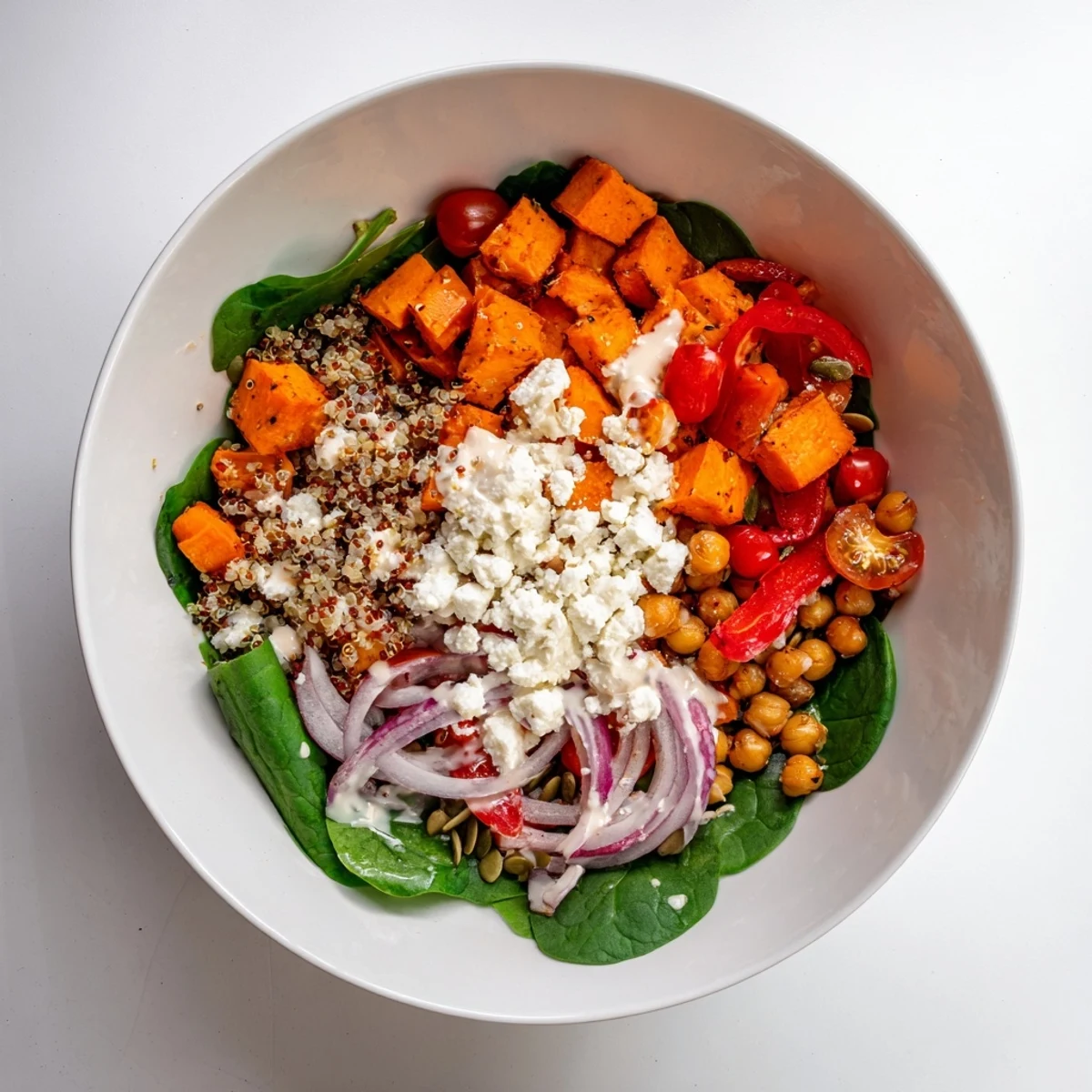 A flavorful seasonal spinach bowl: imagine colorful roasted veggies and a tangy lemon-tahini drizzle.