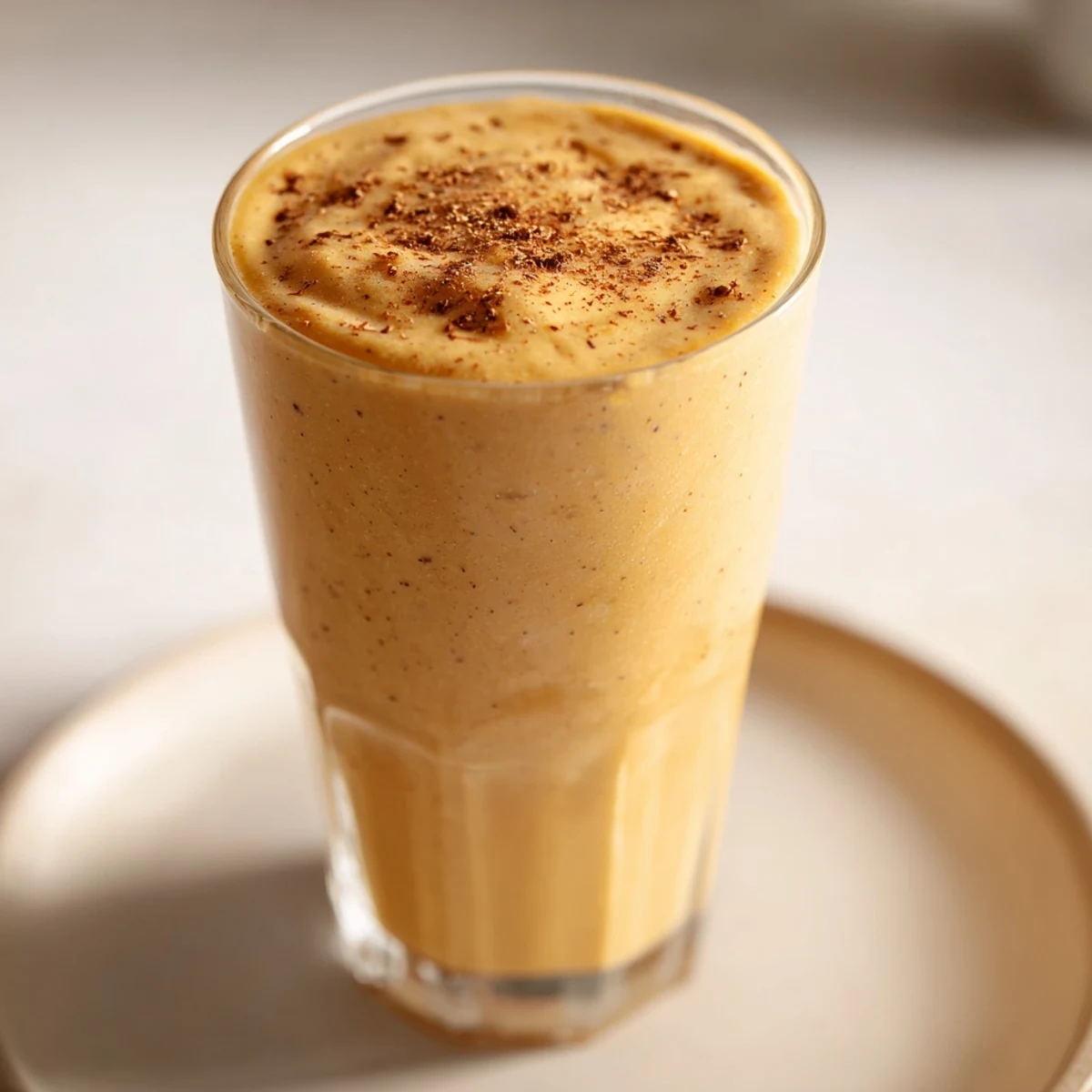Thick, orange Fresh Pumpkin Smoothie poured into a glass, garnished with cinnamon, ready to drink.