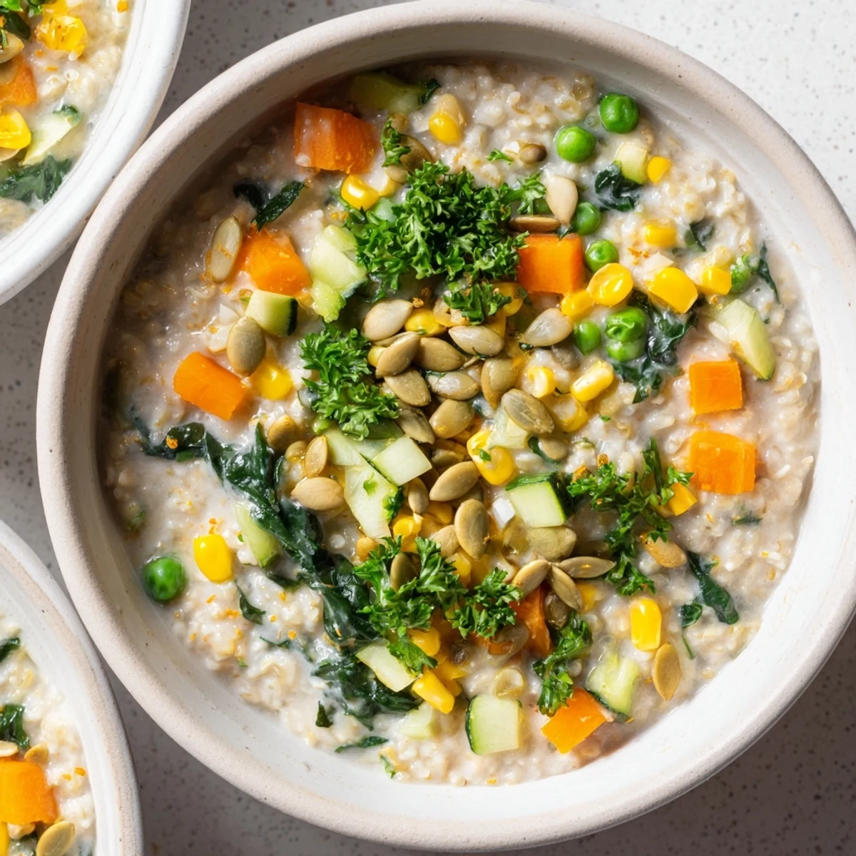 Hearty and flavorful Fresh Veggie Porridge, a wholesome breakfast with vegetables and savory herbs simmering.