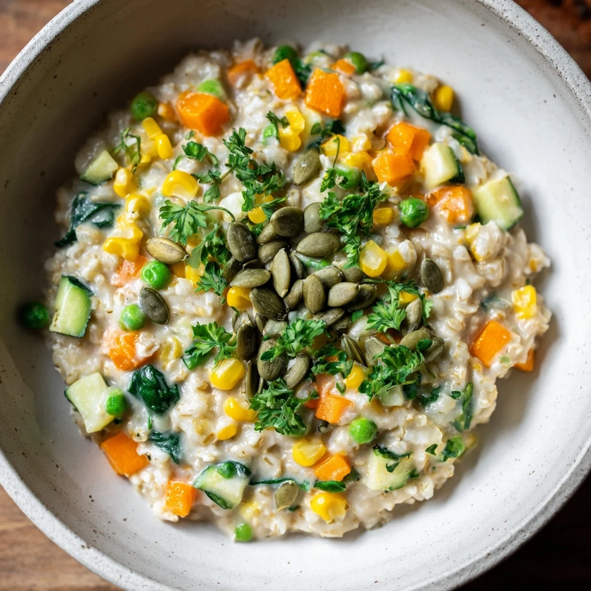 A bowl of creamy Fresh Veggie Porridge, featuring vibrant green peas and a nourishing combination of vegetables.