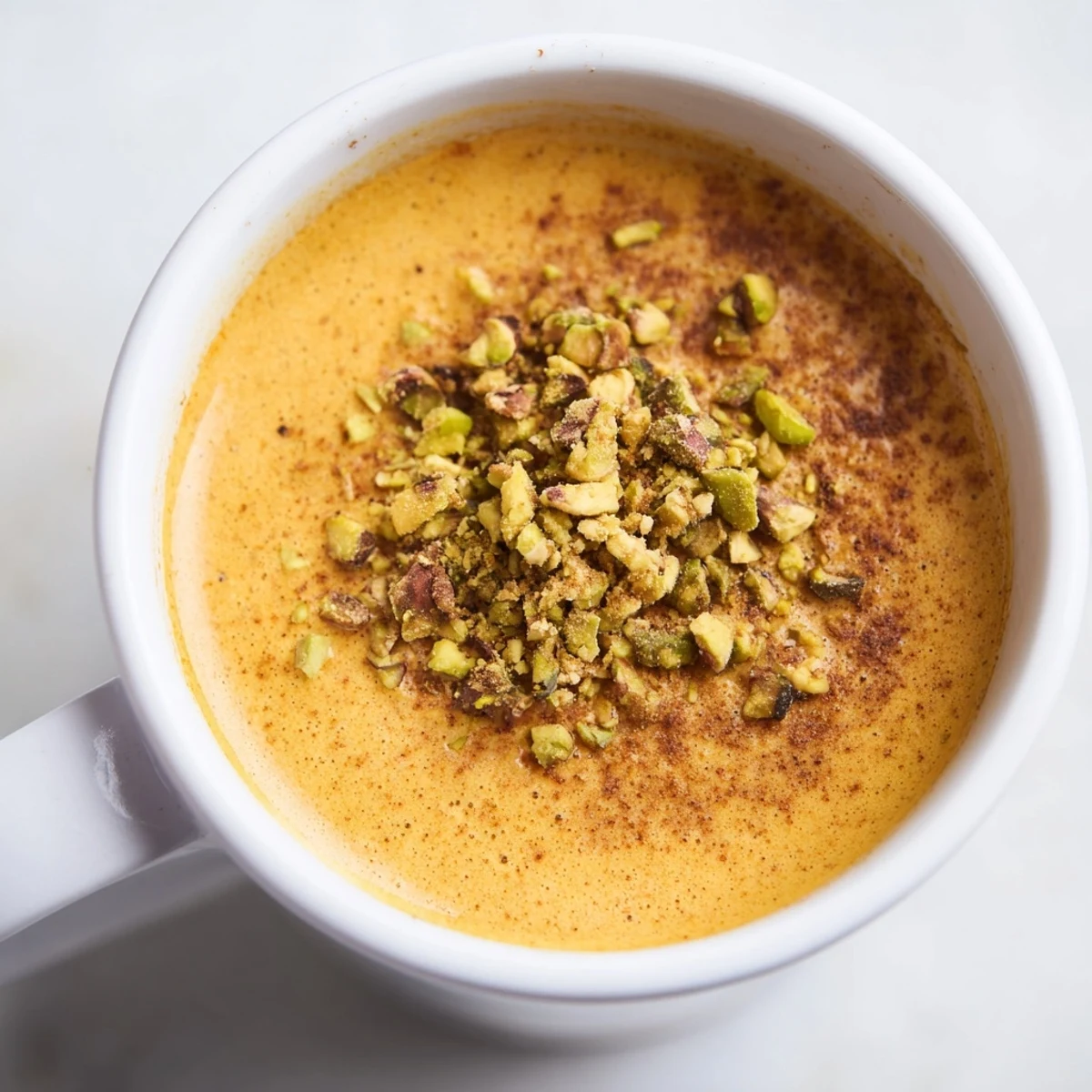 Steaming warm lentil smoothie in a mug, garnished with cinnamon and nuts, ready to enjoy.