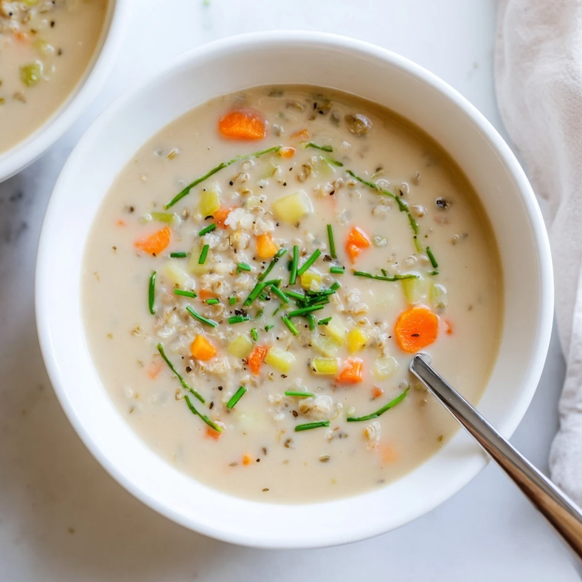 Steaming bowl of Seasonal Oat Soup, creamy and spiced, ready to serve with fresh herbs.