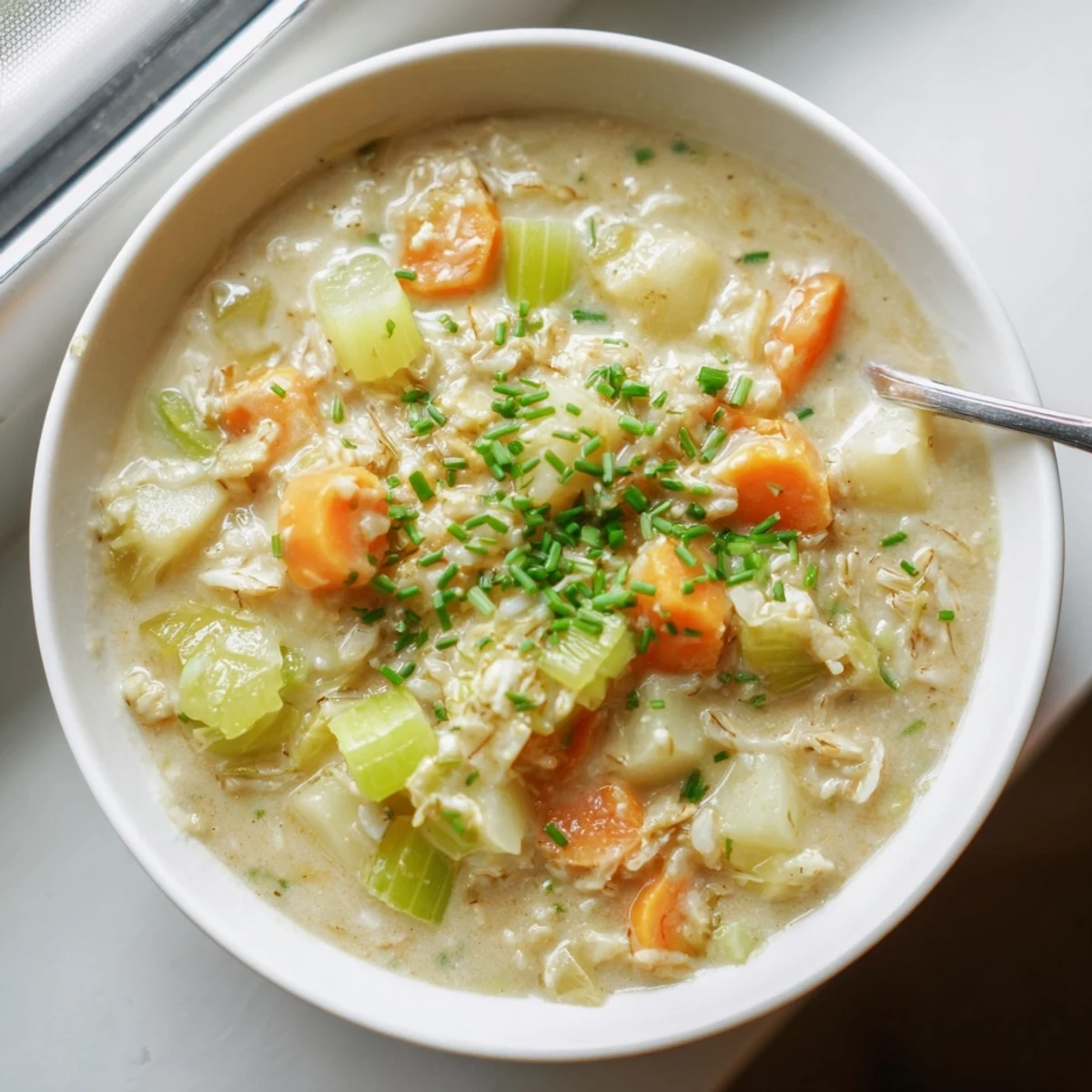 Aromatic Seasonal Oat Soup in a rustic bowl, full of tender oats and vibrant vegetables.